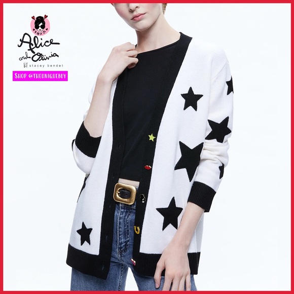 Alice + Olivia Bradford Novelty Button Soft White Black Cardigan Sweater - Picture 1 of 12